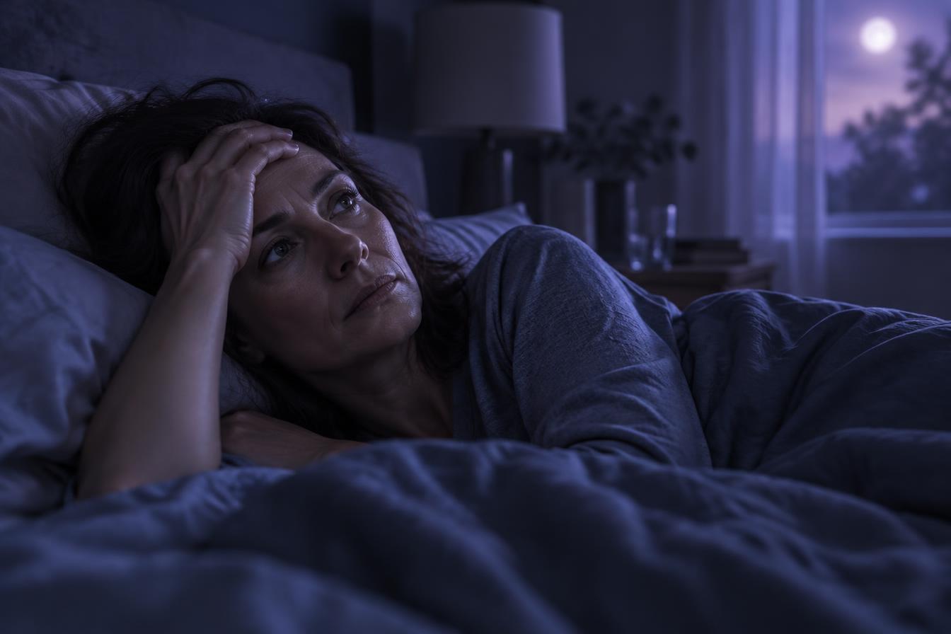 Donna adulta sveglia a letto nel cuore della notte, incapace di dormire